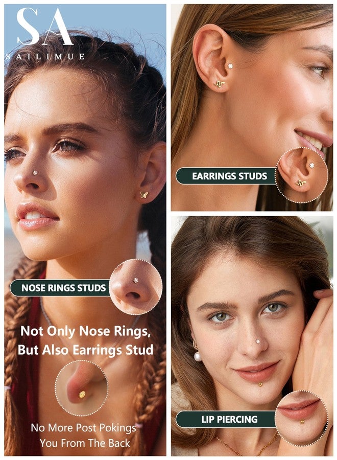 SAILIMUE 14K Gold Filled Threadless Nose Rings Studs - 20G 18G 16G Nose Rings for Women Men Hypoallergenic Surgical Steel Threadless Flat Back Earrings Nose Nostril Medusa Helix Tragus Piercing Jewelry Small Push in Flat Back Nose Studs - Image 3